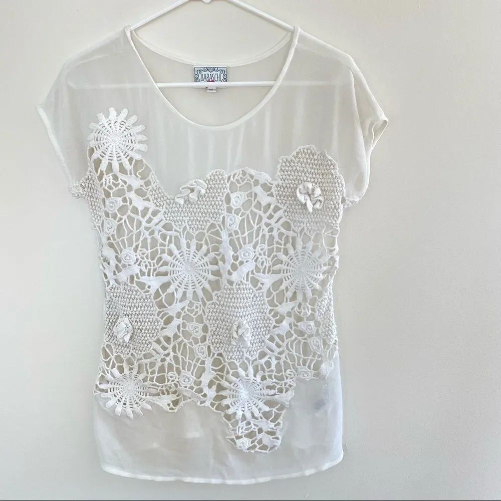 Baraschi see through short sleeve crochet front white floral XS